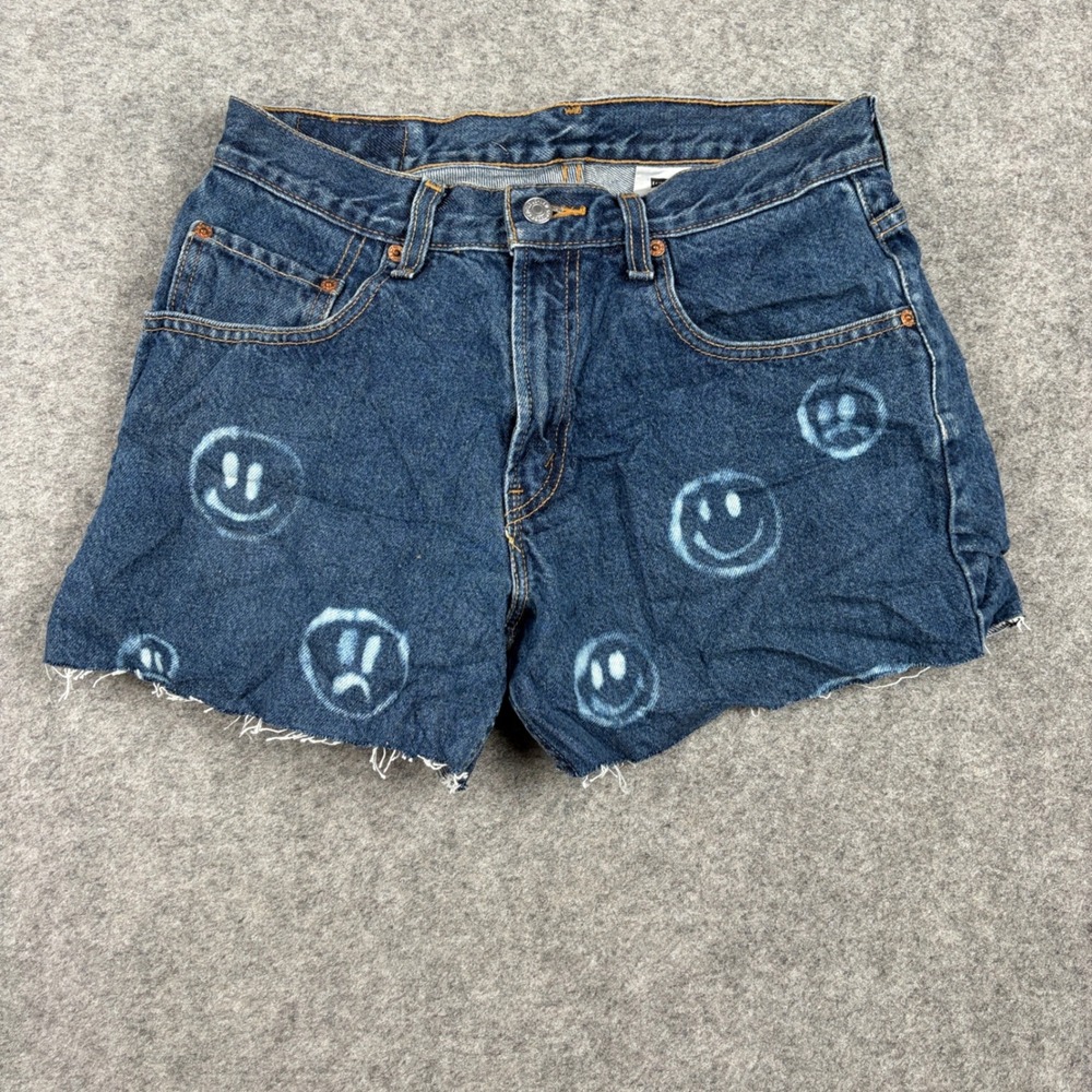 Levis 569 Shorts Women 29x30 Blue Custom Bleach Y2K Smiley Face Cut Off Denim